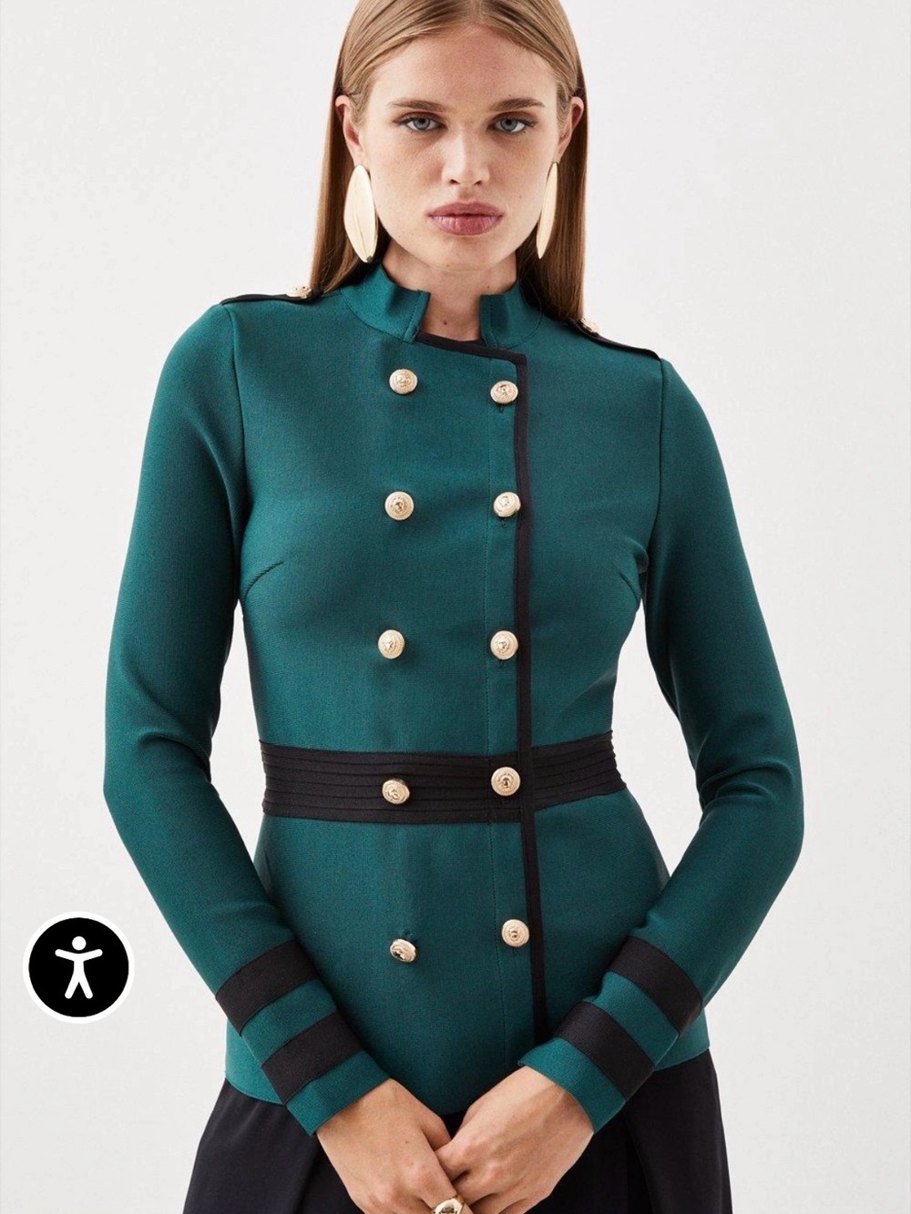 Karen Millen Emerald Military Double-Breasted Blazer with Black Trim